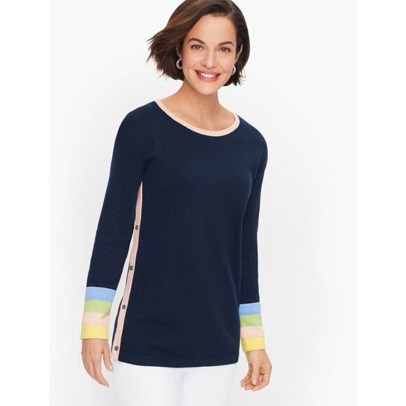 Talbots Women’s Tipped Side Button Sweater Navy Blue Size MP - Picture 1 of 6